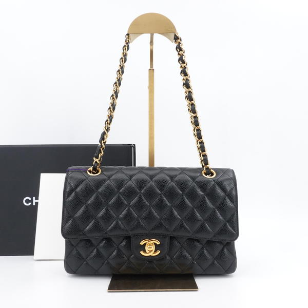 95新 Chanel/香奈儿 CF中号黑金荔枝牛皮单肩包/11419068
