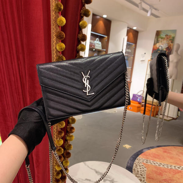 95新 YSL/圣罗兰 GGS圣罗兰信封包小号黑银荔枝牛皮82261098