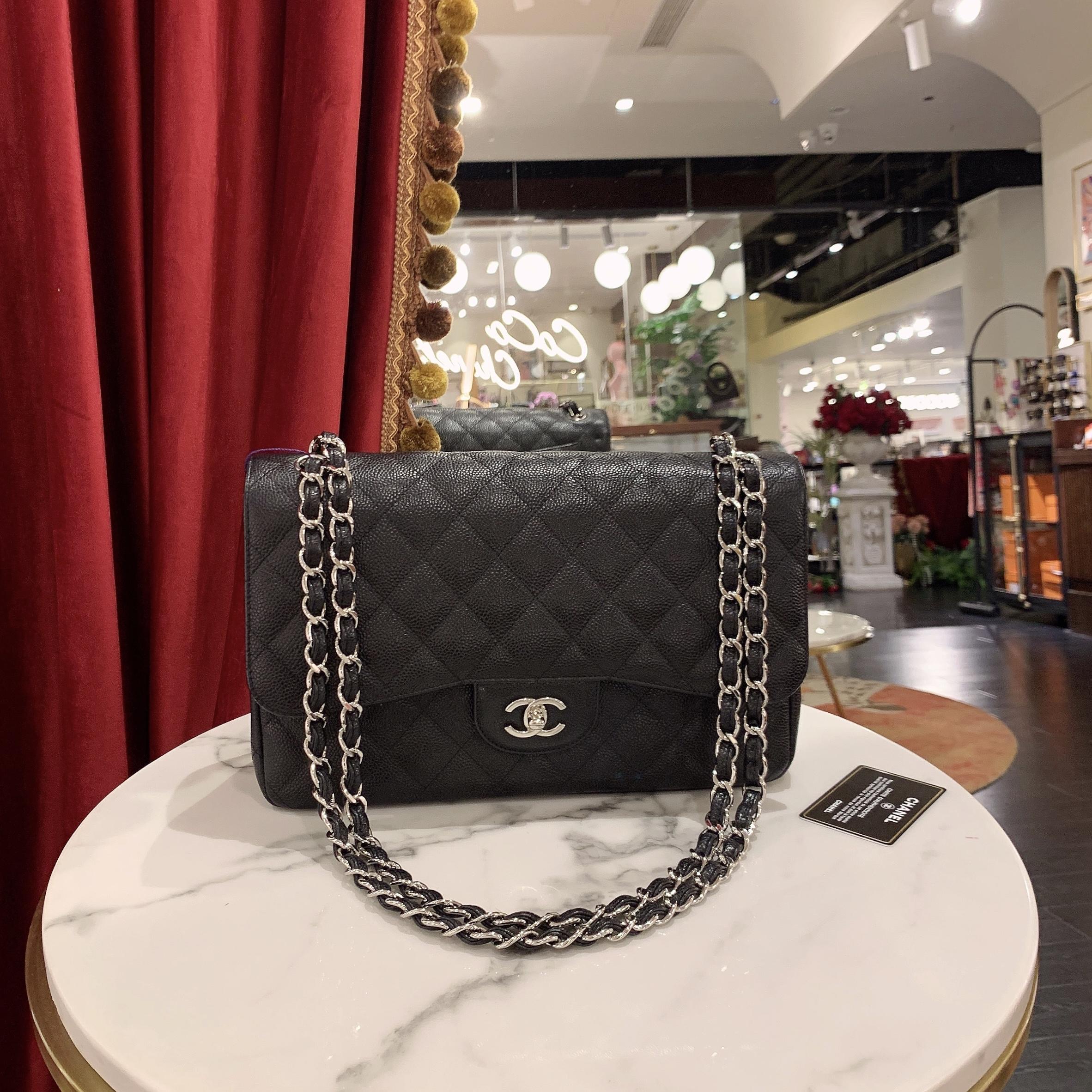 95新 Chanel/香奈儿 GGScf jumbo黑银荔枝牛皮单肩包93224326