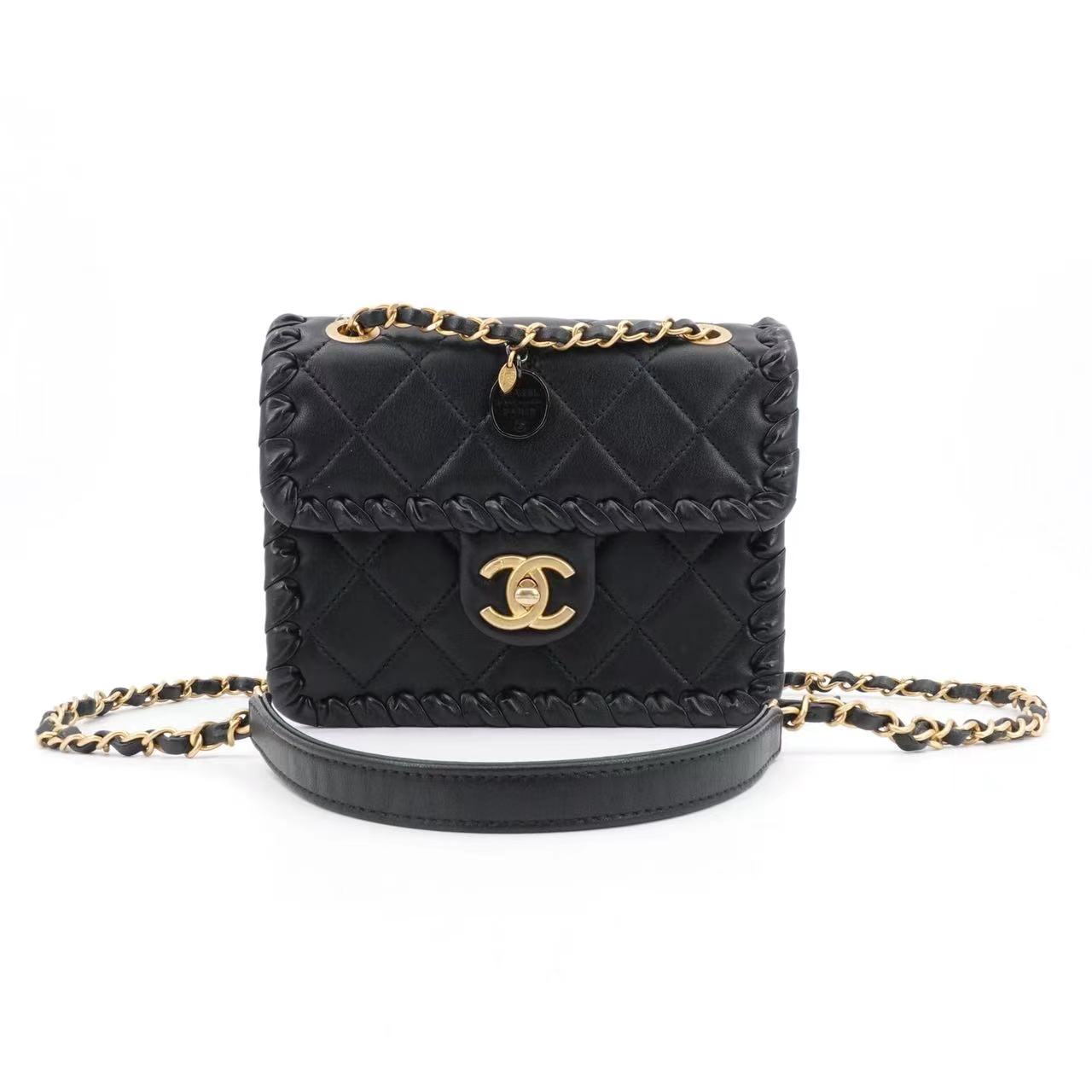 95新 Chanel/香奈儿 22c编织滚边金币豆腐包黑金羊/92202487