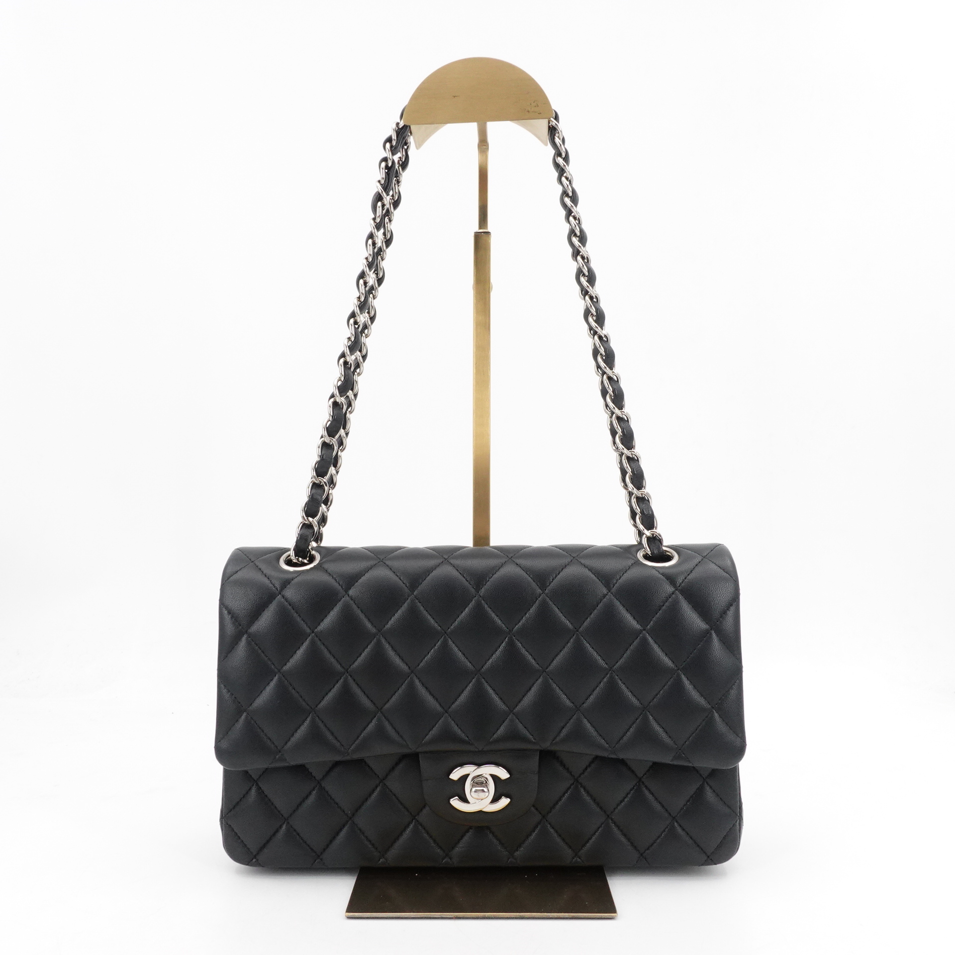 95新 Chanel/香奈儿 GGS香奈儿cf中号黑银羊皮单肩包/13086553