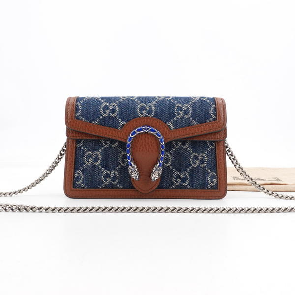 95新 GUCCI/古驰 酒神supermini蓝色银扣牛仔丹宁单肩包48488042