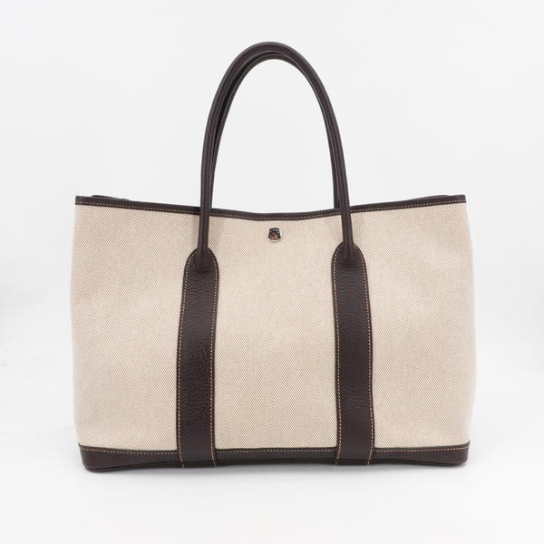 95新 Hermes/爱马仕 仕Gardenparty36米色拼银扣帆/41335488