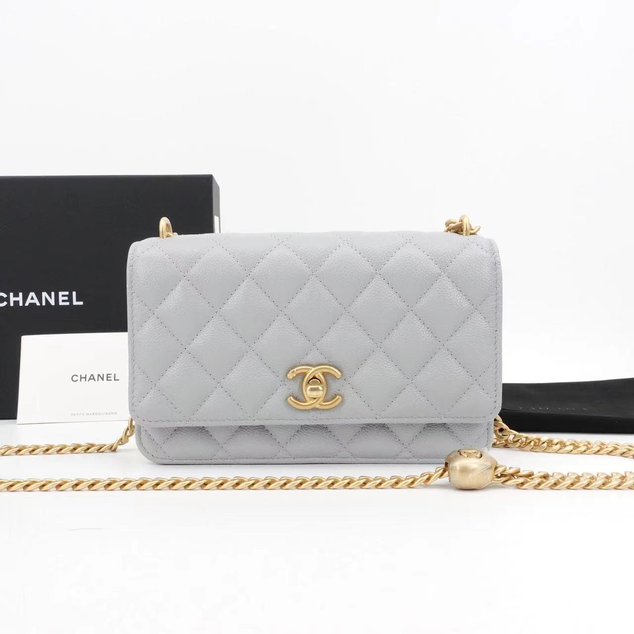 99新 Chanel/香奈儿 爱心金球woc灰色金扣荔枝牛芯片款/70562778
