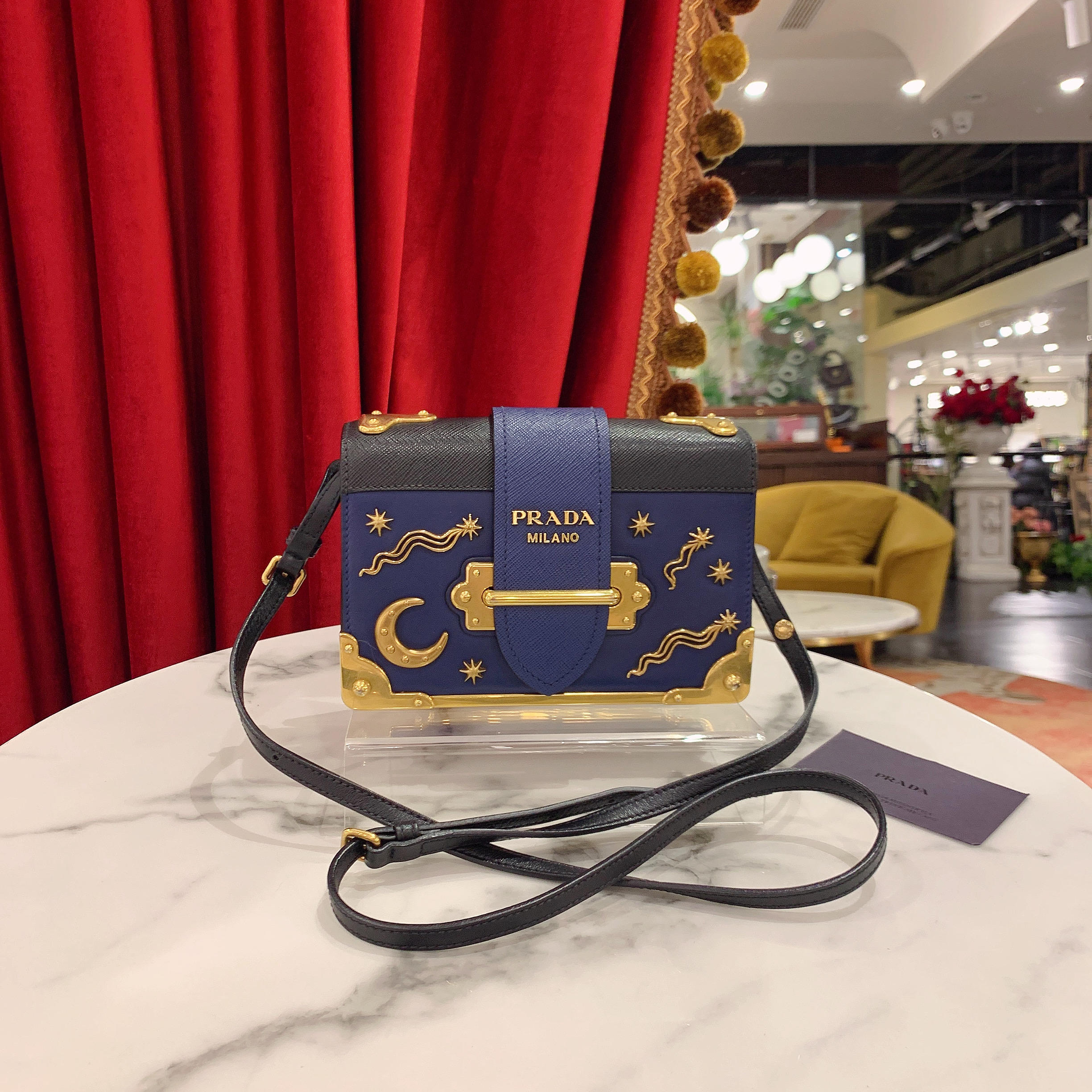 95新 Prada/普拉达 GGS普拉达cahier星月盒子包蓝色金67765872