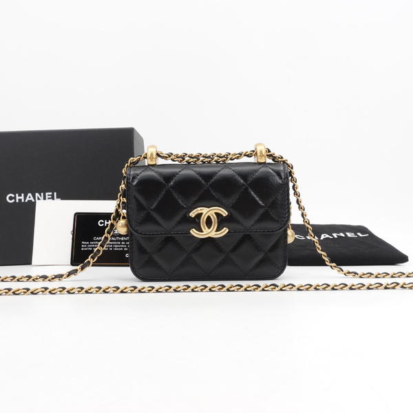 95新 Chanel/香奈儿 双金珠woc mini黑金牛皮单肩包/91557852