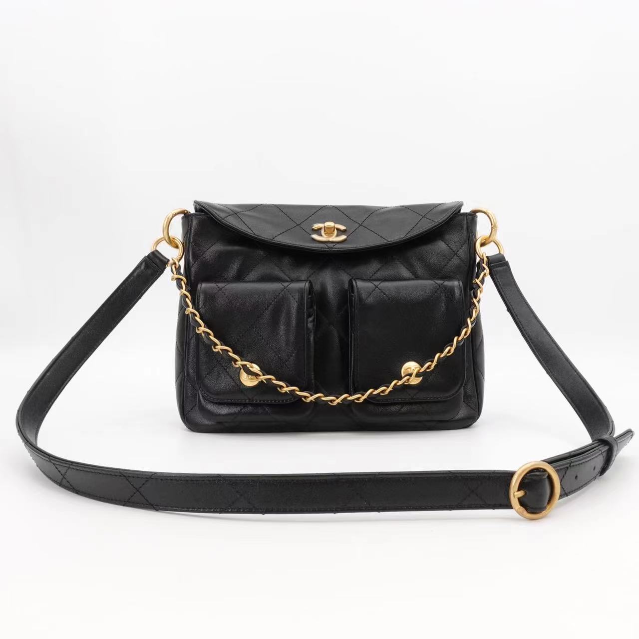 99新 Chanel/香奈儿 24p hobo小号黑金牛皮单肩包/79359213