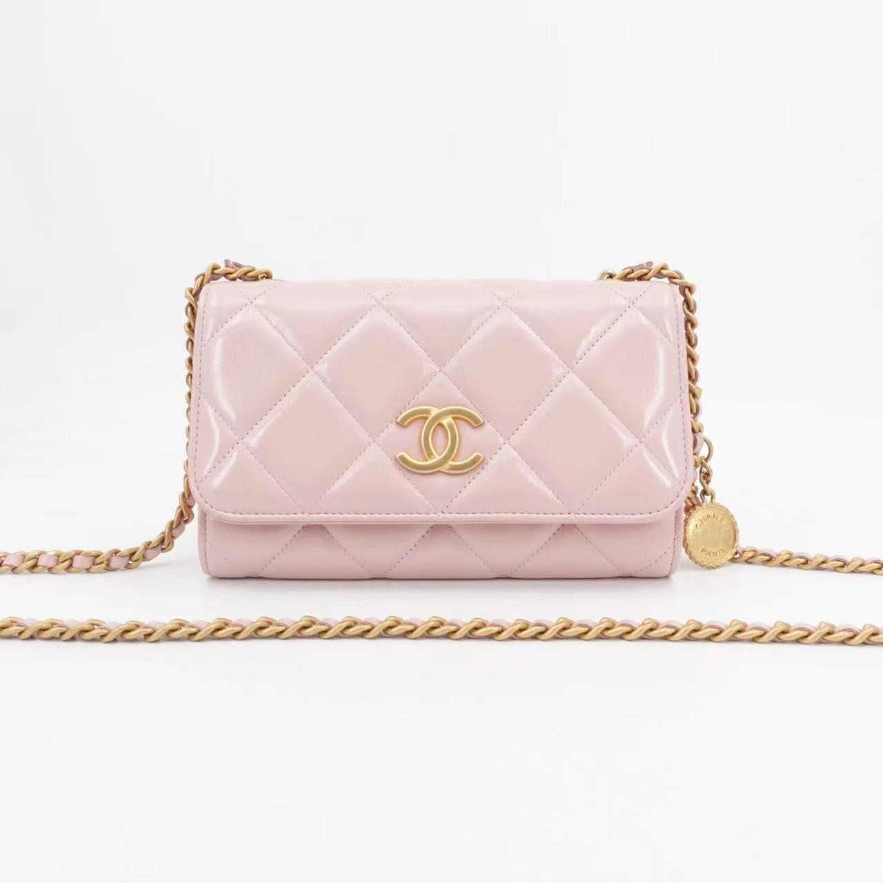 99新 Chanel/香奈儿 22k金币woc樱花粉油蜡牛皮芯片款/86887017