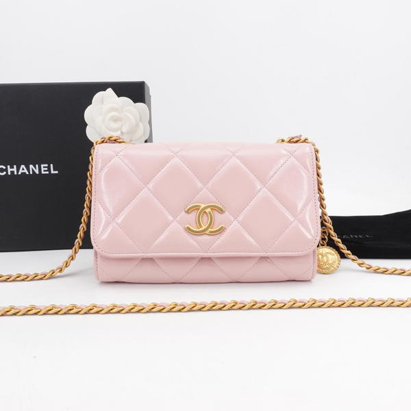 99新 Chanel/香奈儿 GGSwoc金币粉色金扣油蜡牛皮芯片款62253466