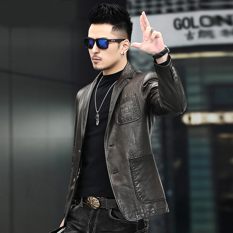 2025新款海宁男士皮衣短款西装领西服时尚休闲薄款皮夹克外套