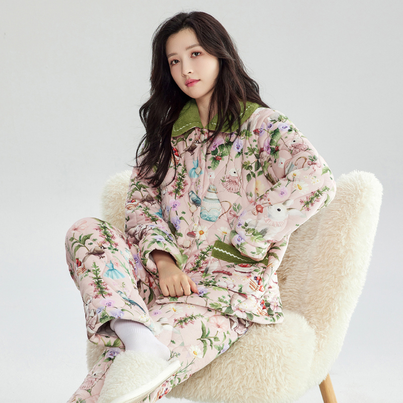 芬腾加绒加厚睡衣女冬季翻领开衫三层夹棉珊瑚绒可外穿家居服套装