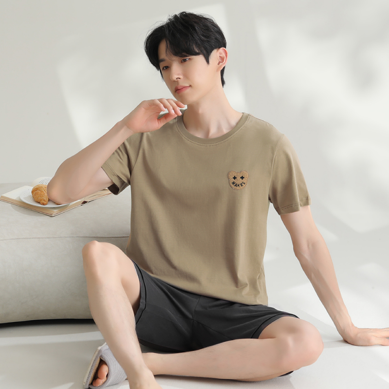 芬腾短袖睡衣男夏季纯棉套头男款大码青少年休闲家居服可外穿套装