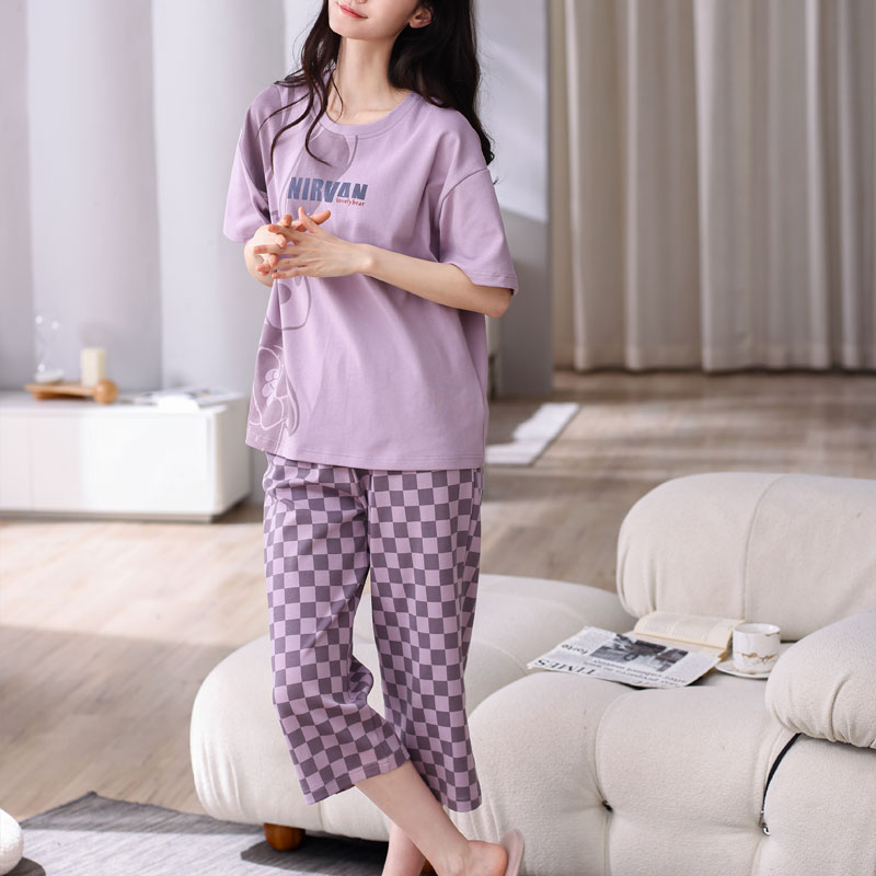 芬腾睡衣圆领短袖七分裤女士薄款纯棉舒适夏季大码全棉家居服套装