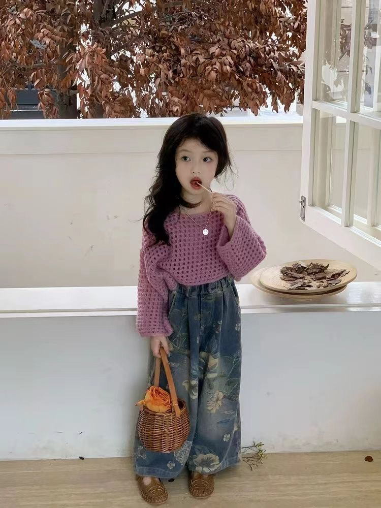 女童韩系套装2025秋季新款儿童洋气镂空针织上衣牛仔阔腿裤三件套