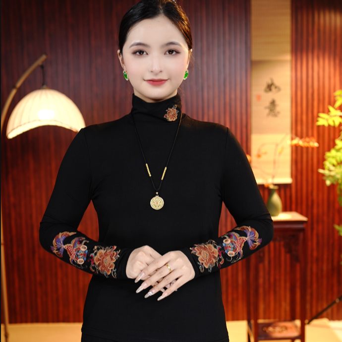 [夜幕] 柒夫人高定高领气质优雅百搭新中式刺绣打底衫