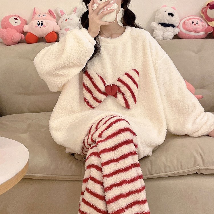 半边绒睡衣女冬季珊瑚绒加厚加绒法兰绒可爱蝴蝶结套装冬天家居服