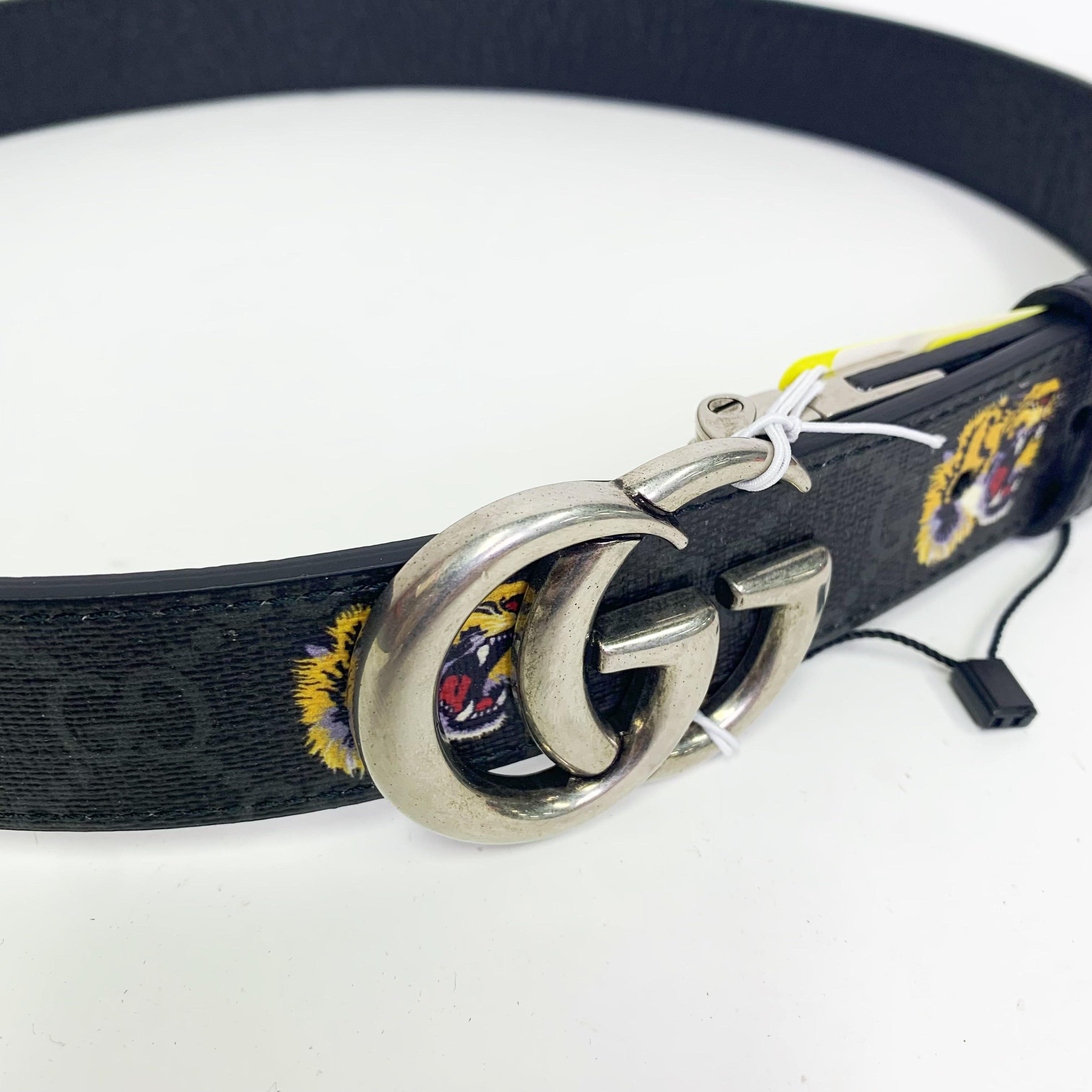 全新未使用 GUCCI/古驰 古驰银扣虎头印花牛皮皮带（85cm）黑色