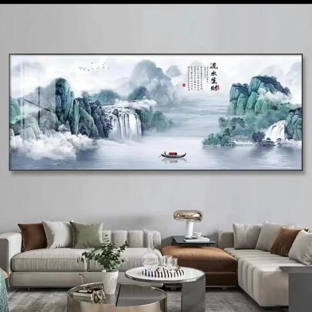 镶钻【流水生财2】2022横幅 客厅装饰画新中式沙发山水挂画200*70