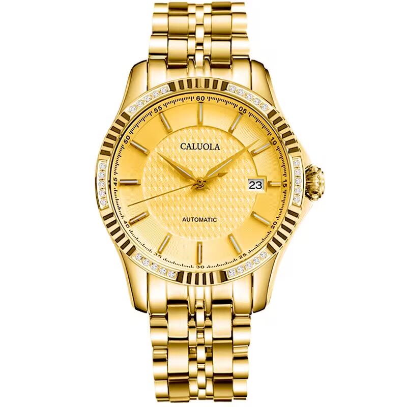 卡罗莱男士手表机械表全自动品牌男表商务全金色夜光防水双历金表