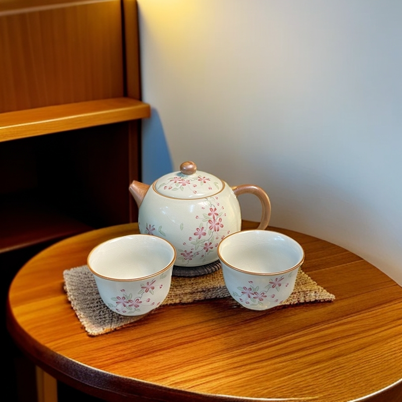 米黄汝窑海棠花茶壶开片可养茶线泡茶壶茶具
