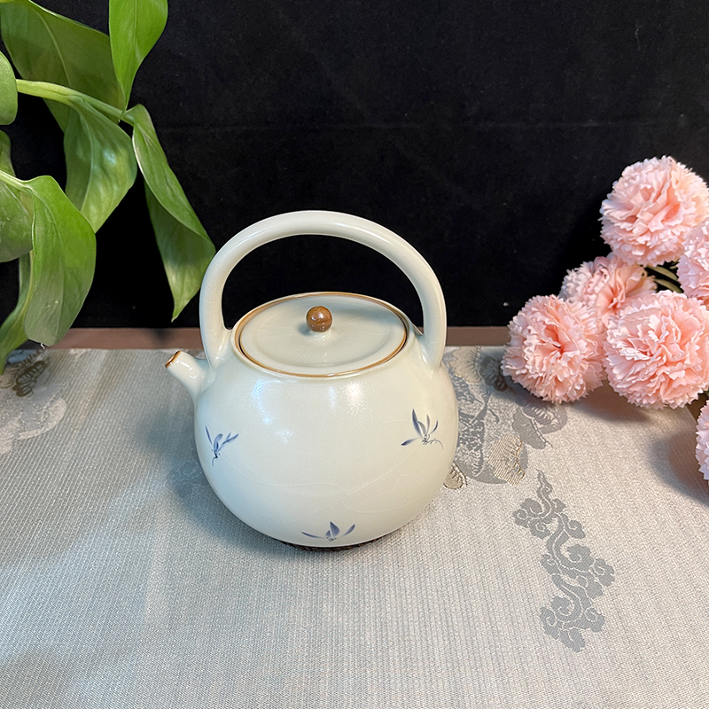 汝窑米黄兰花提梁壶 开片可养茶线泡茶壶