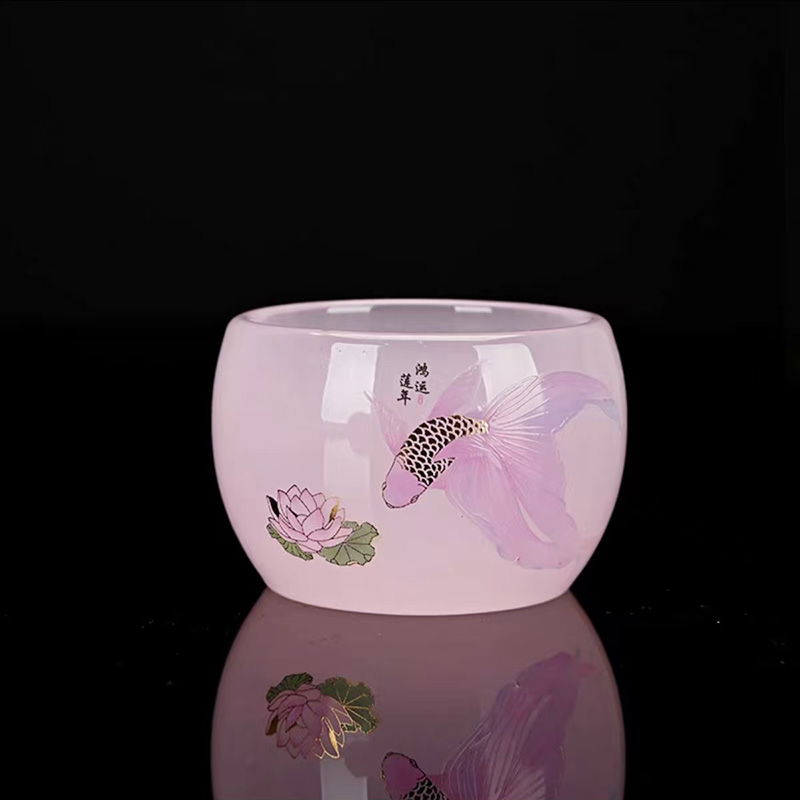 高档鸿运莲年防烫樱粉琉璃杯