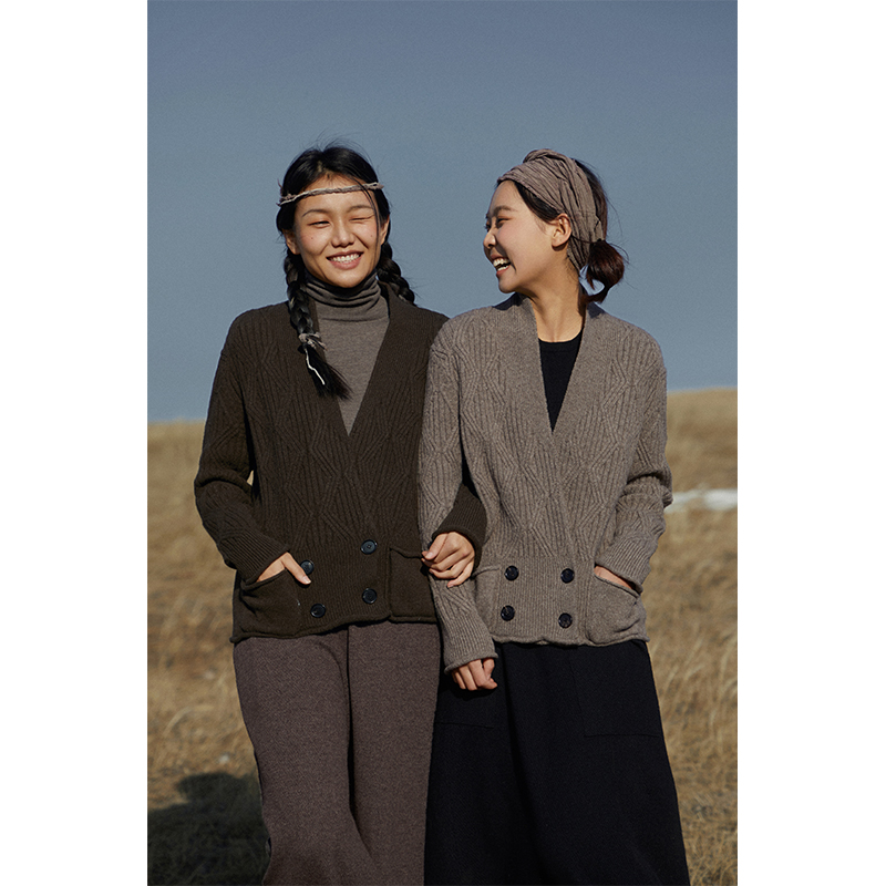 Say Ya 【然】立体移位坑条牦牛绒开衫外套 立领毛衣长袖户外休闲