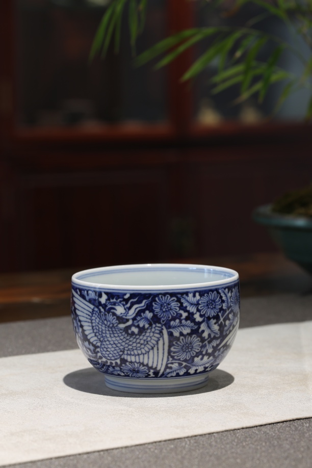 双凤鼓杯 青花品杯 手绘主人杯 片云晚谷