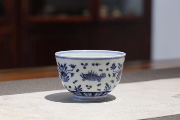 鱼藻品杯 青花 片云晚谷主人杯