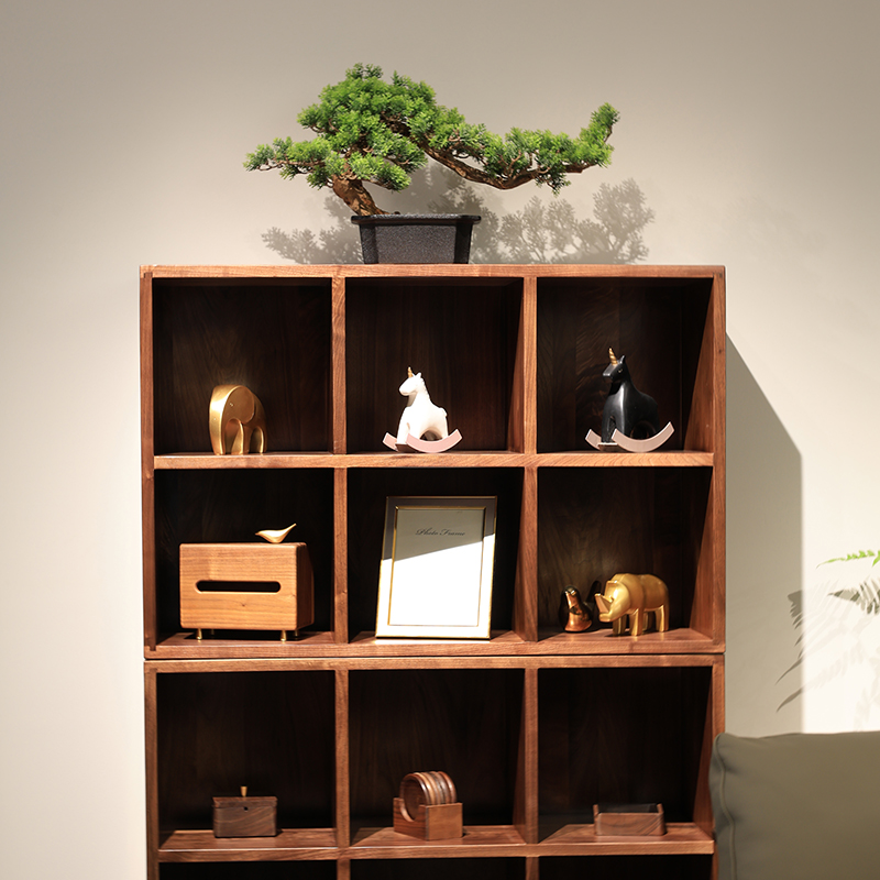 黑胡桃木实木书架落地自由组合客厅柜子储物柜家用格子书柜置物柜