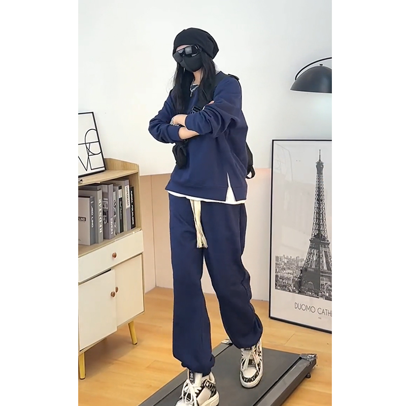 男士宽松运动套装情侣款纯色假两件圆领休闲百搭蓝色束脚卫裤套装