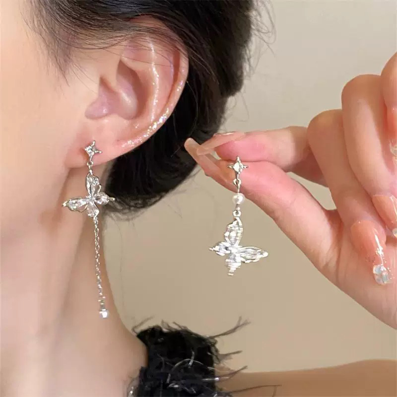 铜合金耳饰 蝴蝶锆石流苏珍珠无耳洞耳夹女超仙耳夹轻奢高级感