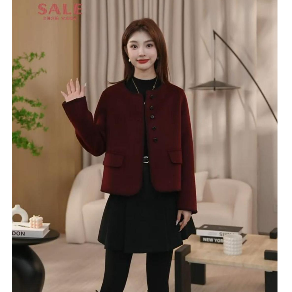 曼贝女装安哥拉红秋冬百搭时尚双面呢羊毛大衣8484435【珮珮冬】