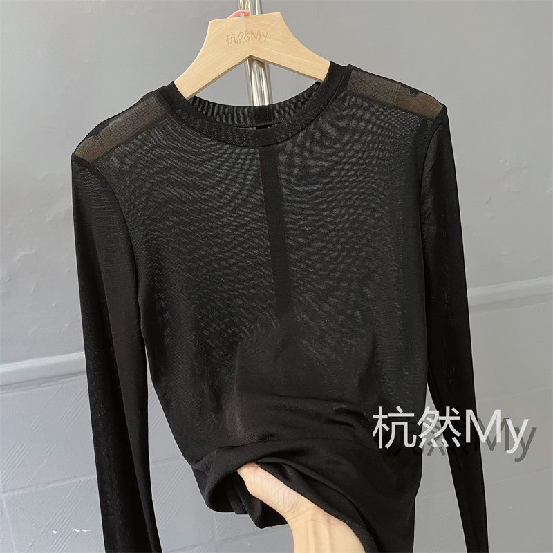 春秋修身内搭网纱长袖t恤女圆领打底衫显瘦百搭纱衣上衣透视罩衫