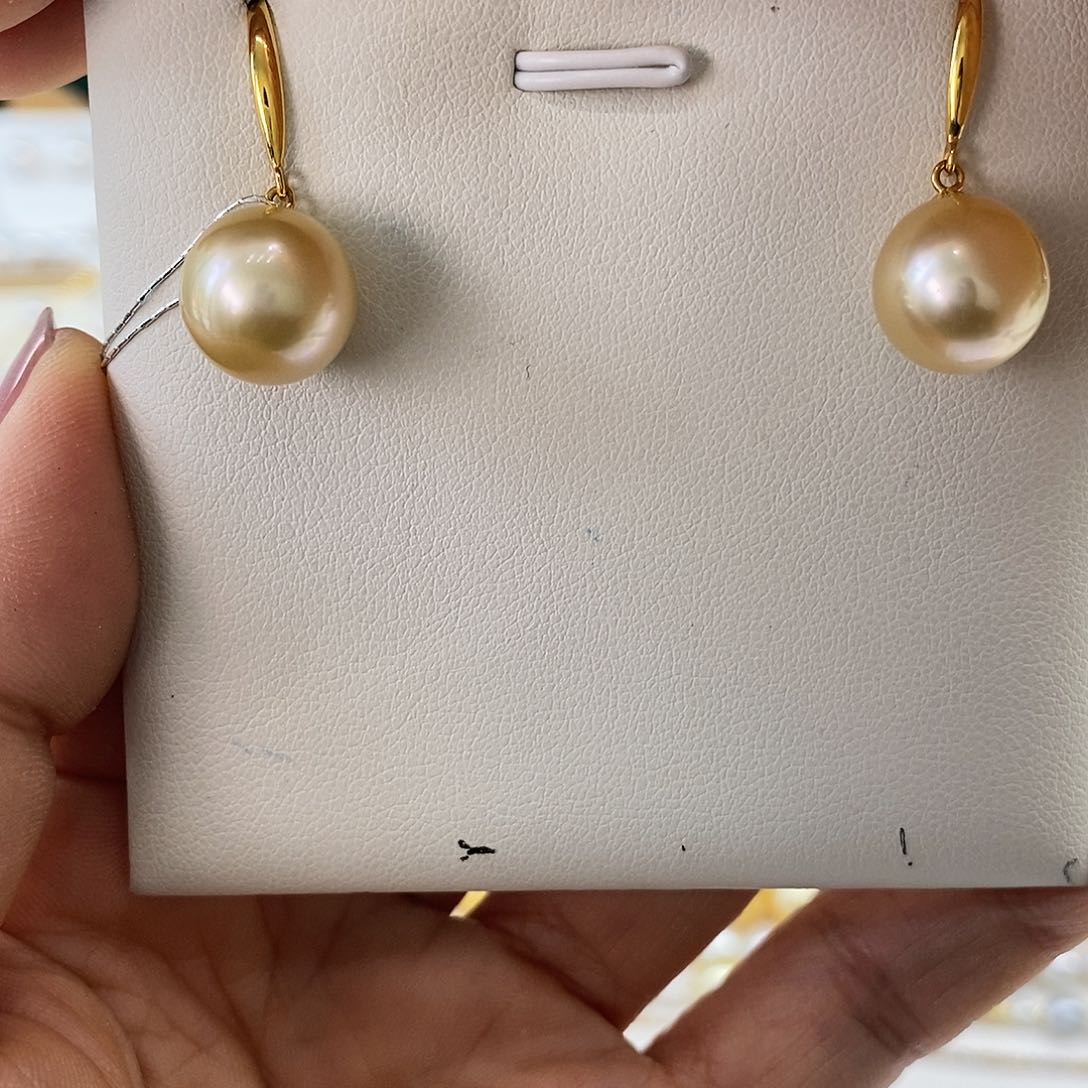 海水珍珠耳饰18K金镶嵌南洋金珠耳钩11-12m m