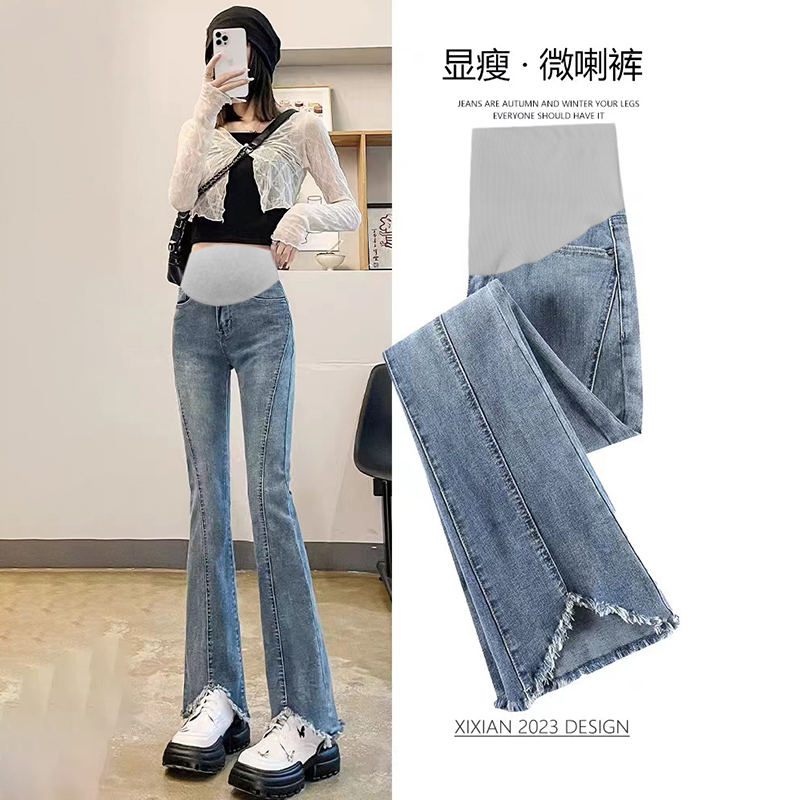 春秋款孕妇牛仔微喇叭裤春季时尚辣妈外穿显瘦开叉网红托腹长裤
