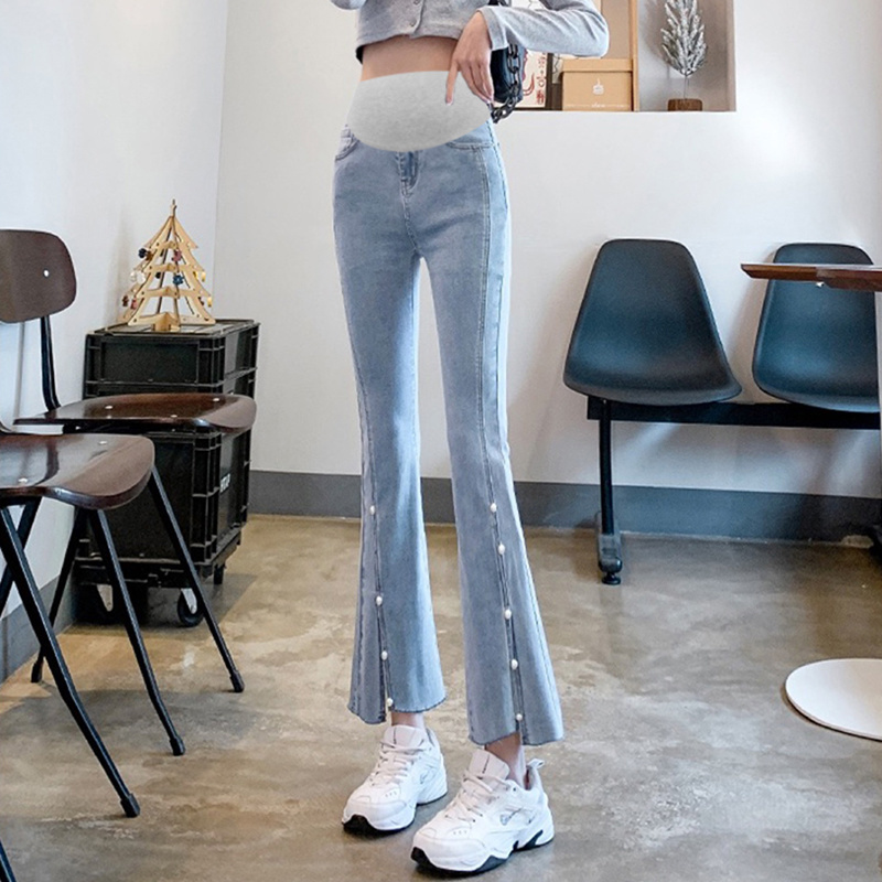 孕妇牛仔喇叭裤秋季时尚潮妈外穿开叉孕妇裤子春秋洋气时髦九分裤