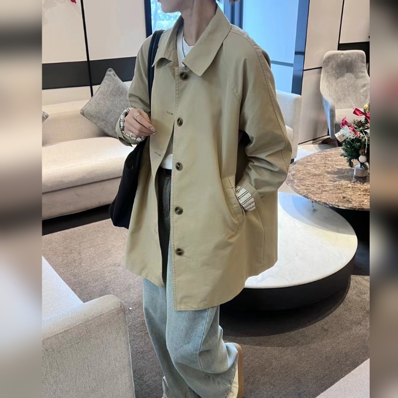 2025年春季新款韩版高级感宽松中长款休闲上衣卡其色风衣外套女