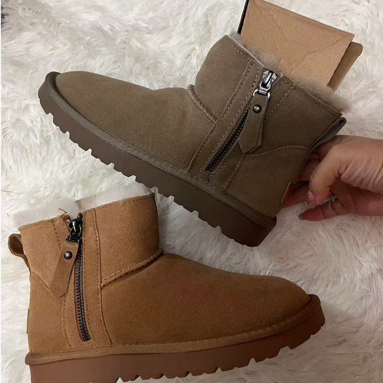 真皮羊毛雪地靴女冬季加绒加厚套脚侧拉链短靴子保暖雪地棉鞋女