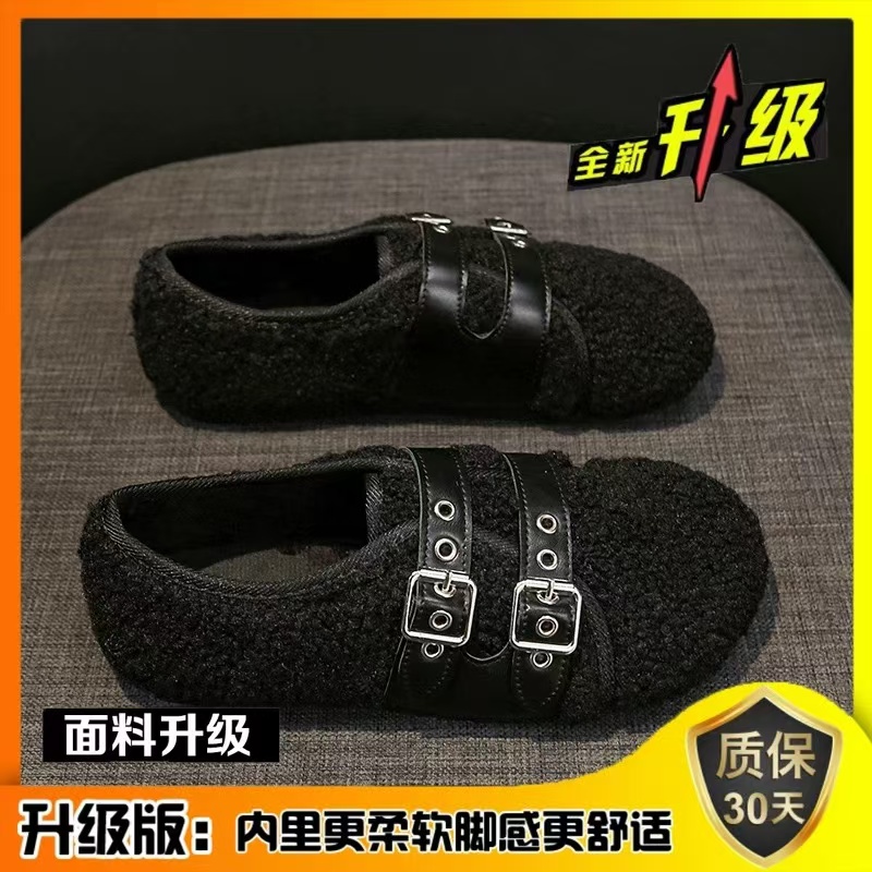 网红羊羔毛毛鞋女秋冬2024新款加绒豆豆鞋韩版ins保暖雪地棉瓢鞋