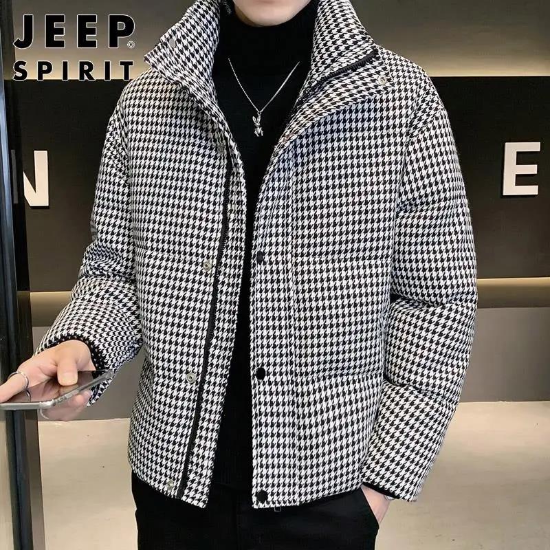 Jeep吉普千鸟格羽绒服男士冬季潮牌白鸭绒加厚保暖立领休闲外套男