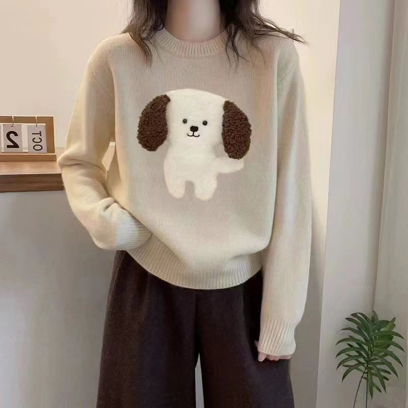 可爱小狗提花圆领毛衣女秋冬2023新款温柔慵懒风宽松显瘦针织上衣