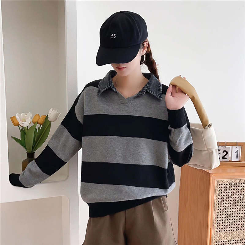 牛仔领条纹毛衣女2023秋冬季新款加厚宽松时尚短款针织打底衫上衣