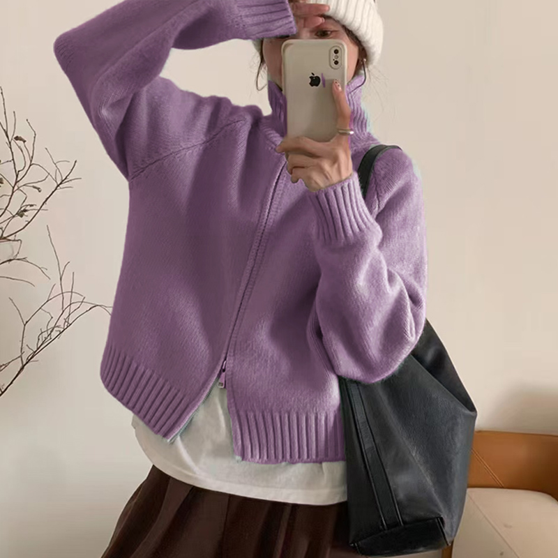 【650克高品质双拉链】加厚保暖高领毛衣女宽松针织衫秋冬外套开衫
