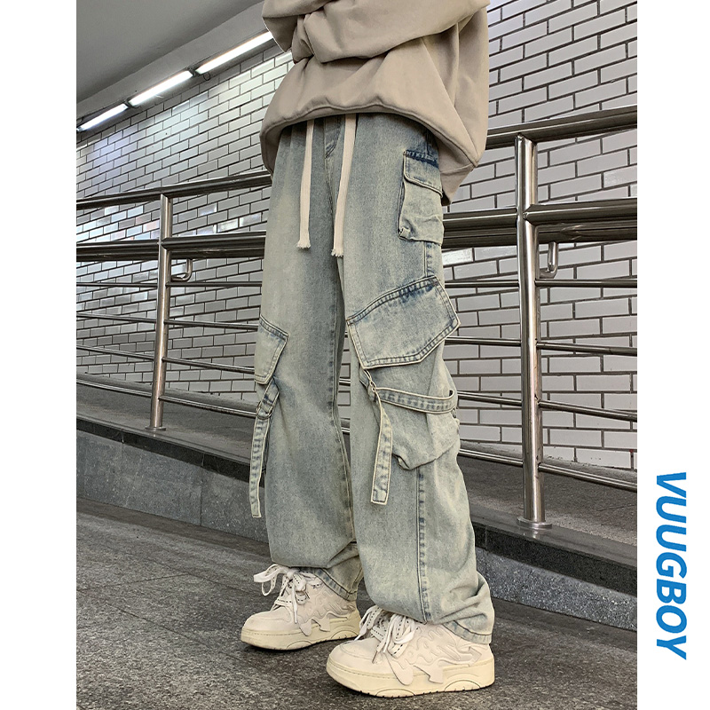 VUUG高街美式牛仔裤男款春秋休闲百搭裤子宽松直筒阔腿中性风裤子