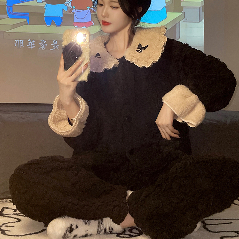 蝴蝶结睡衣女款秋冬季翻领爆款2023新款高级感加绒加厚保暖家居服