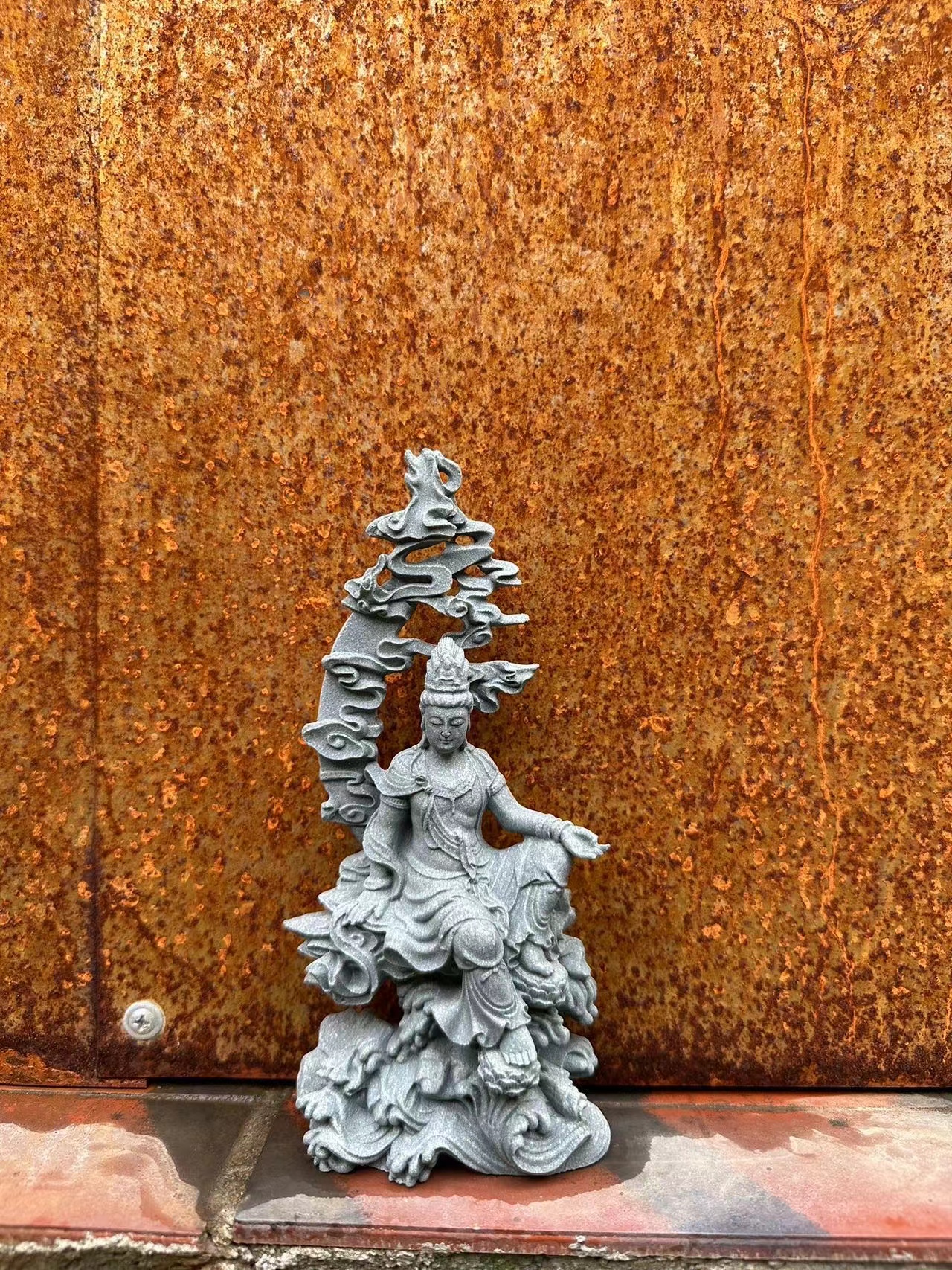 水月自在观音玄关摆件创意雕刻水池摆件观音茶室茶宠摆件手工