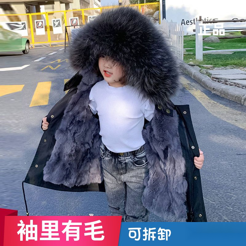 新品巴拉巴拉可拆卸宝宝儿童派克服2023反季皮草外套男女童加厚冬
