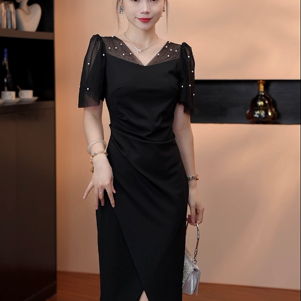 法式高级感网纱连衣裙女夏季御姐收腰包臀中长裙气质9979黑色反季