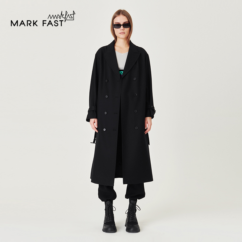 MARKFAST设计师品牌秋冬黑色双排扣长毛呢中长款大衣女M1CGW17100